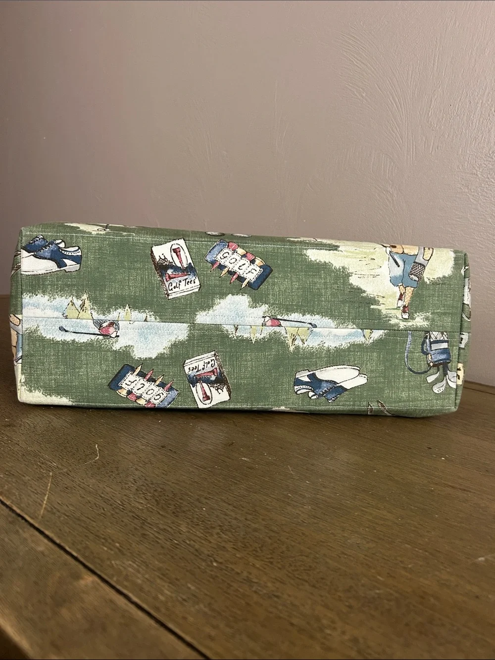 Vintage Handmade Toile Pattern Canvas Green Golf-Print Open Tote Bag.